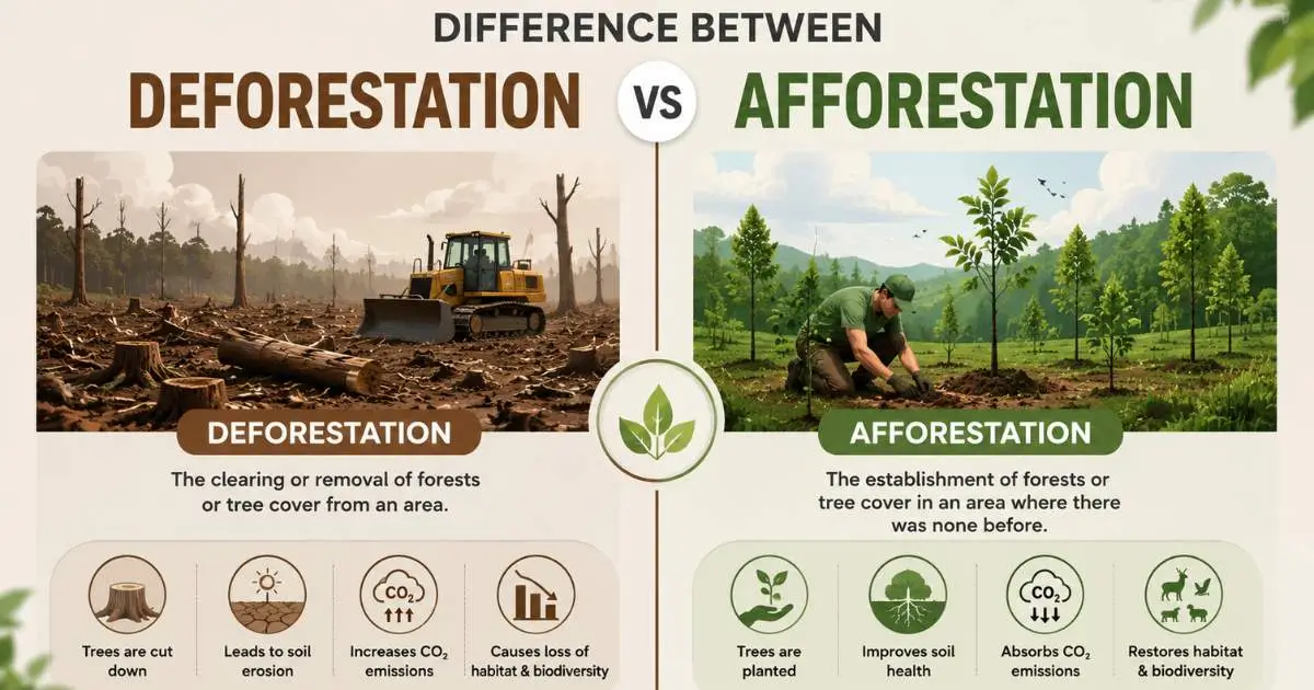 Difference between deforestation and afforestation diagram showing forest loss versus tree planting