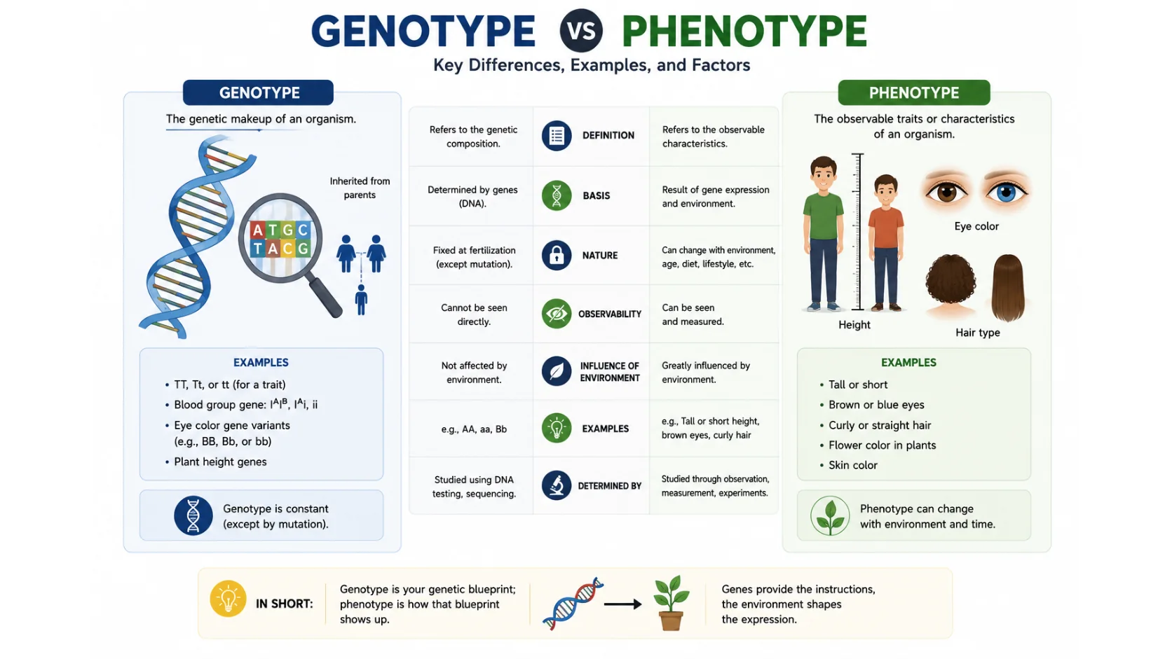 Difference between genotype and phenotype diagram showing genetic code versus observable traits