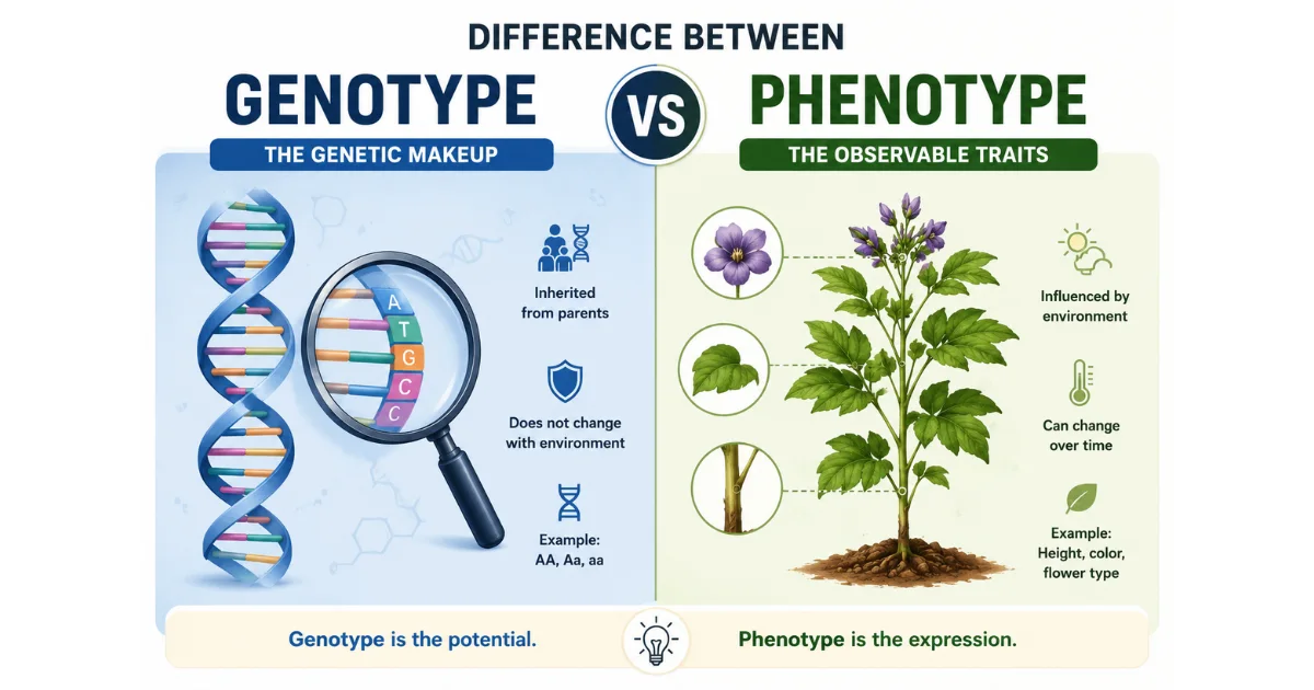 Difference between genotype and phenotype diagram showing genetic code versus observable traits