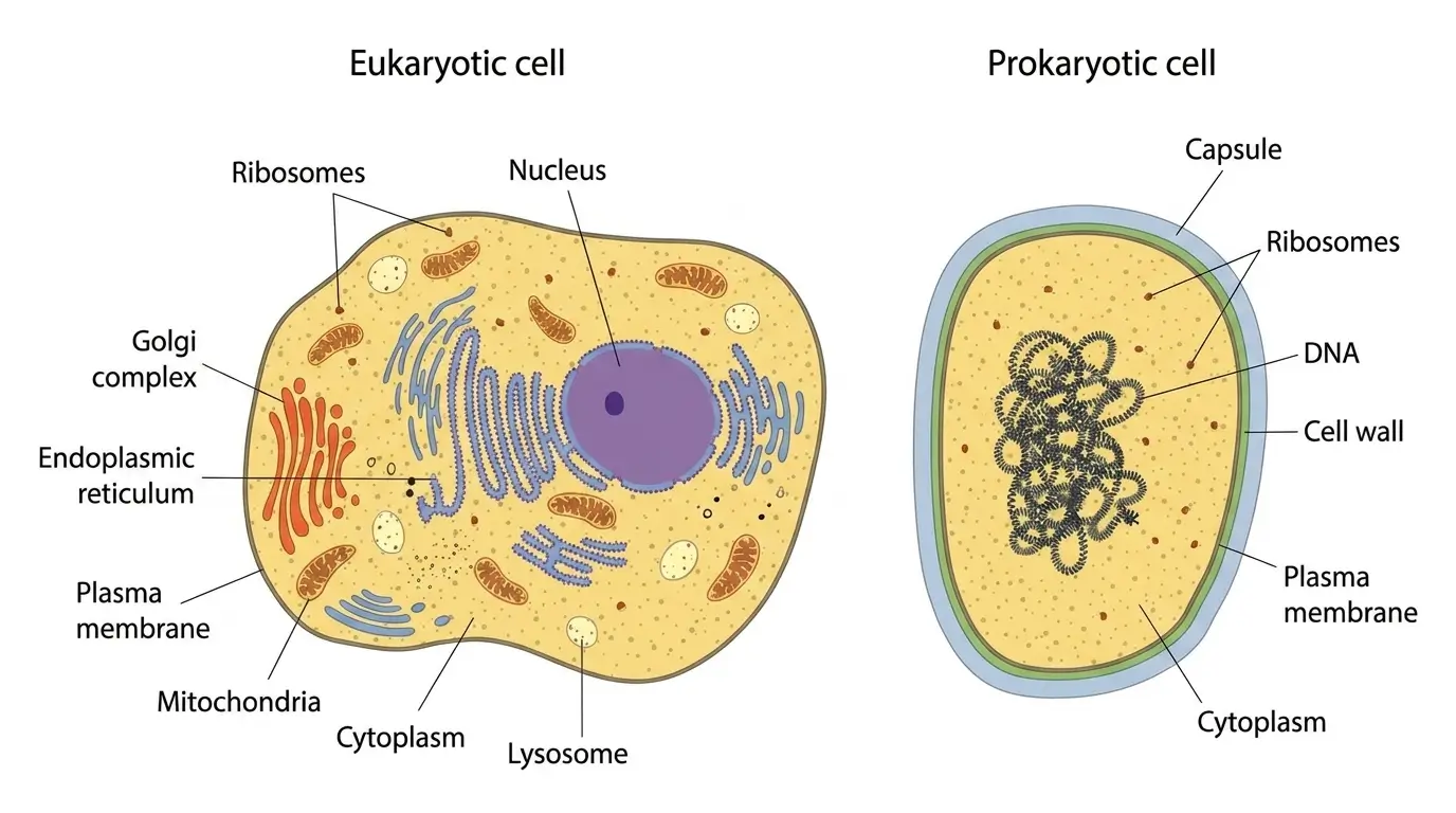 Difference between prokaryotic and eukaryotic cells diagram showing nucleus, DNA arrangement and cell size