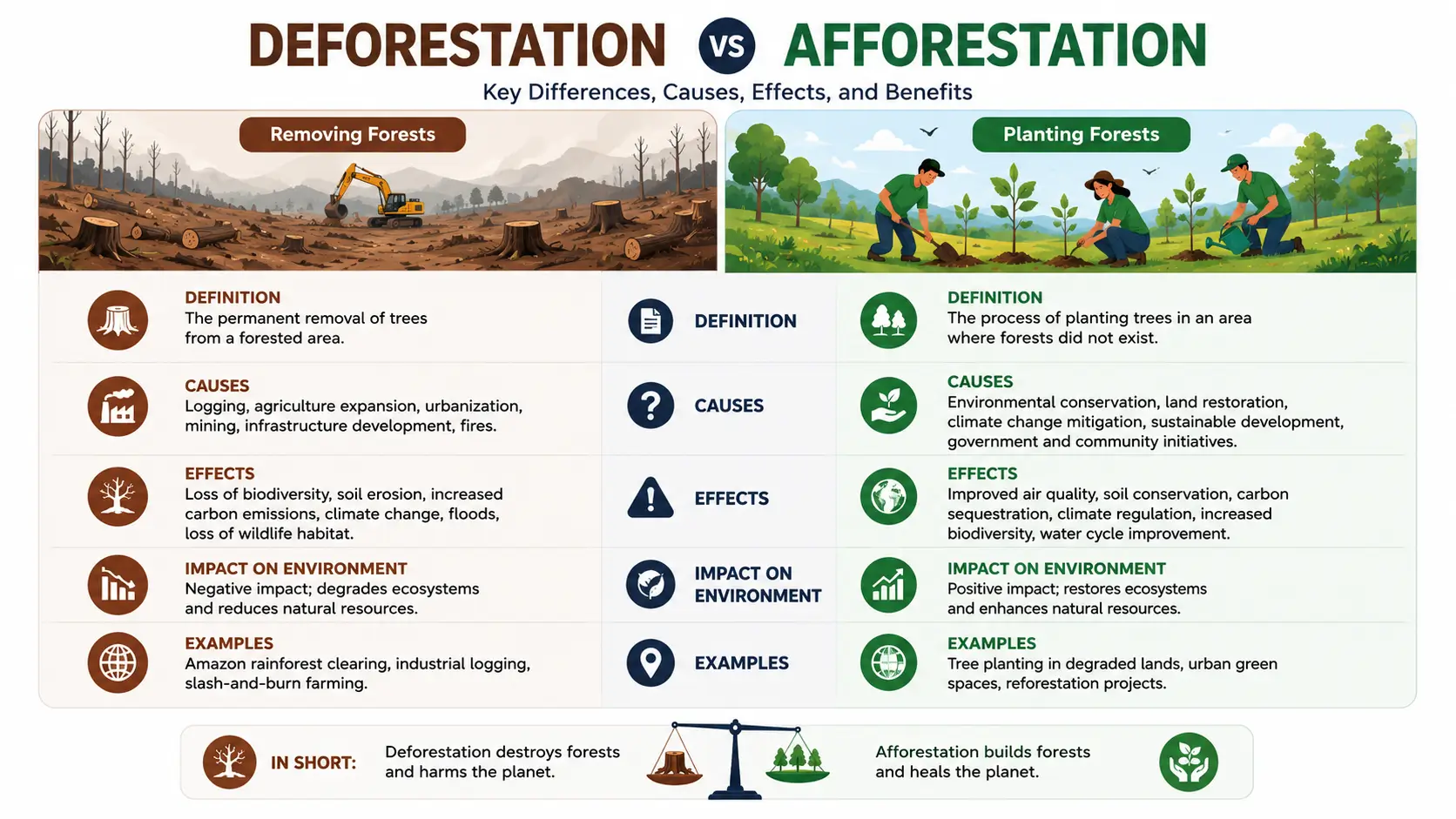 Difference between deforestation and afforestation diagram showing forest loss versus tree planting