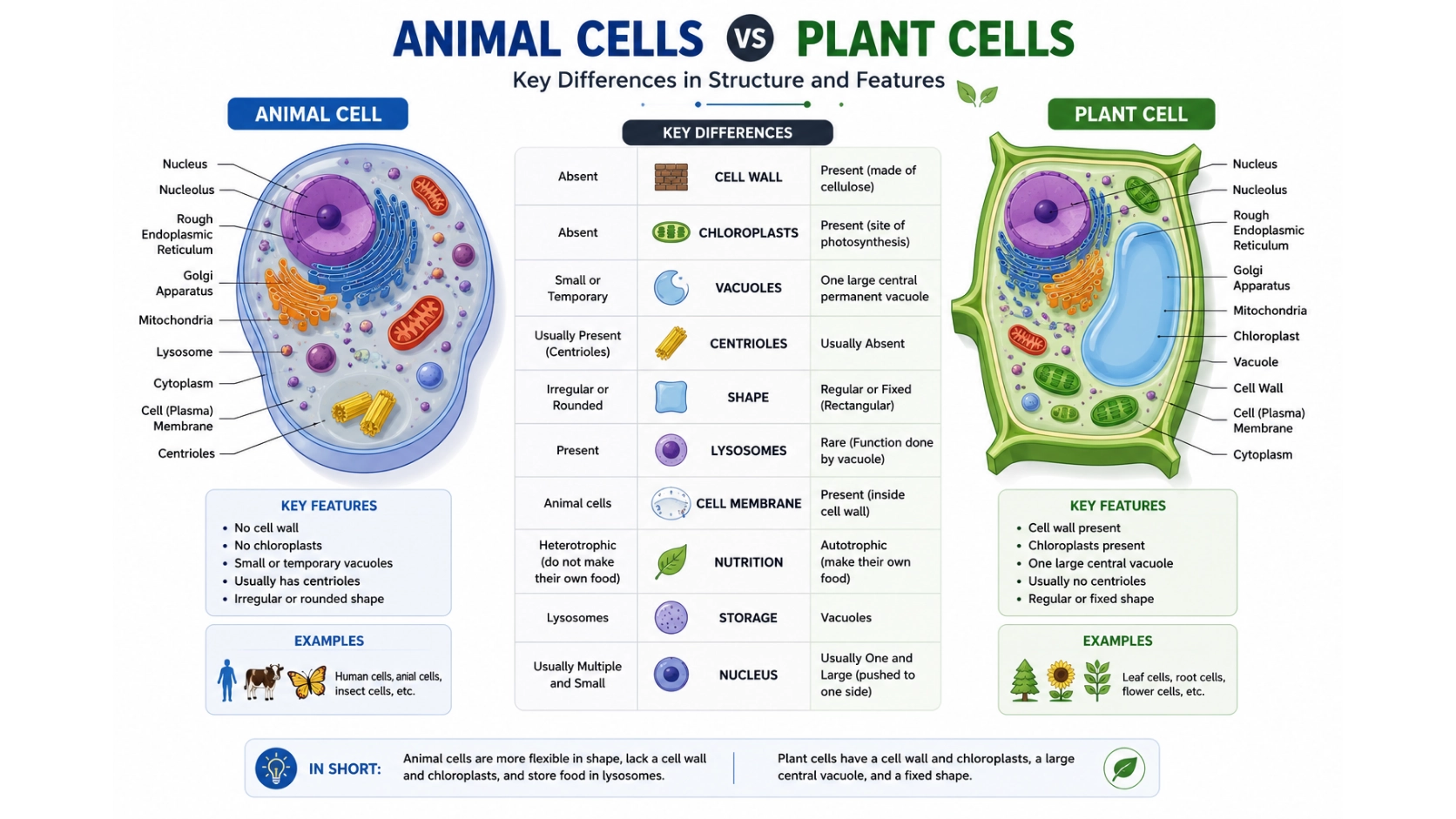 Difference between animal and plant cells diagram showing cell wall, chloroplasts and vacuole