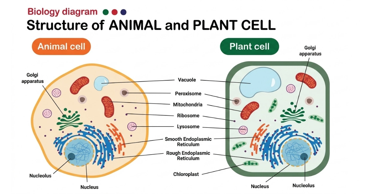 Difference between animal and plant cells diagram showing cell wall, chloroplasts and vacuole