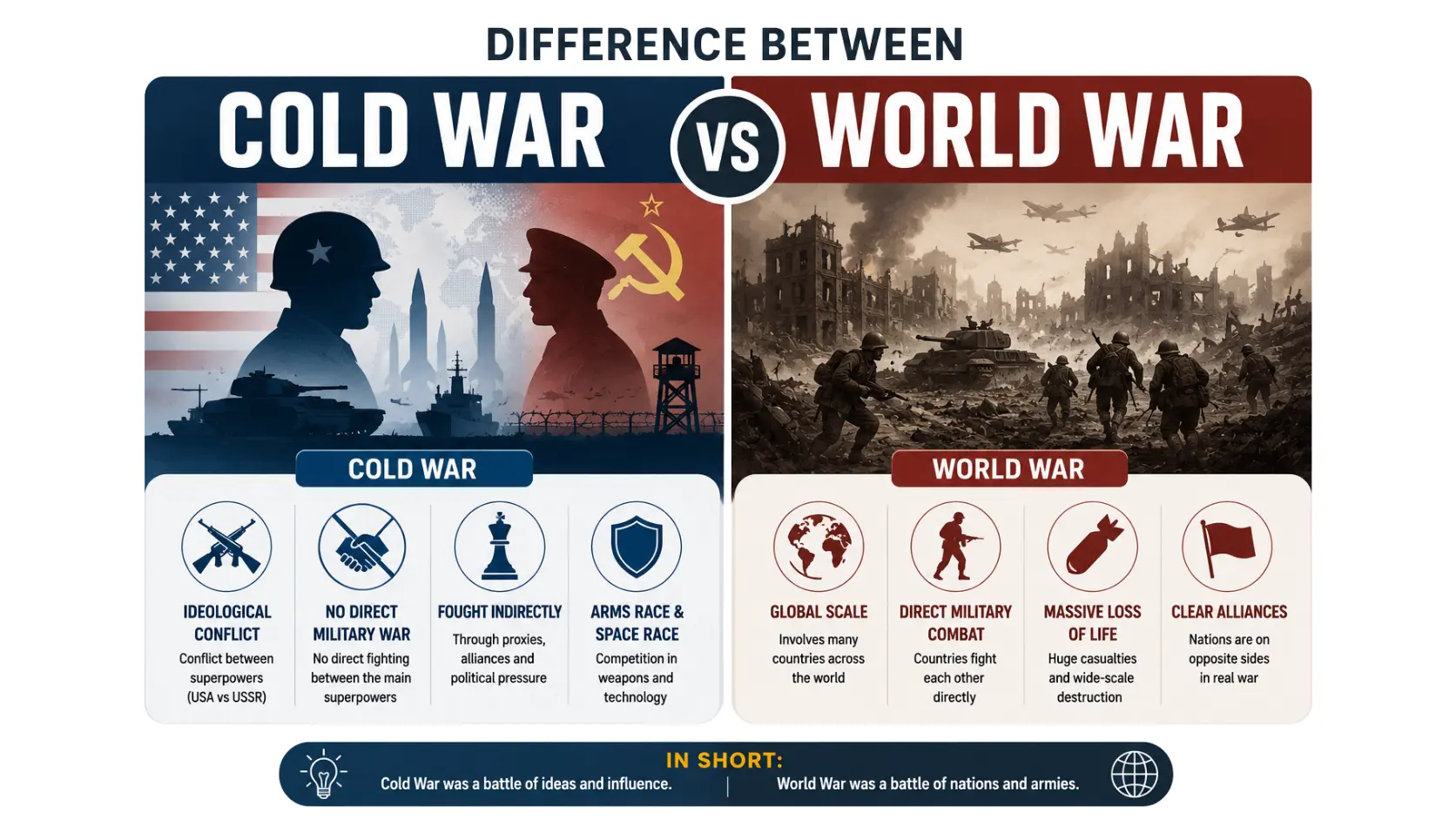 Difference between cold war and world war diagram showing direct combat versus political rivalry
