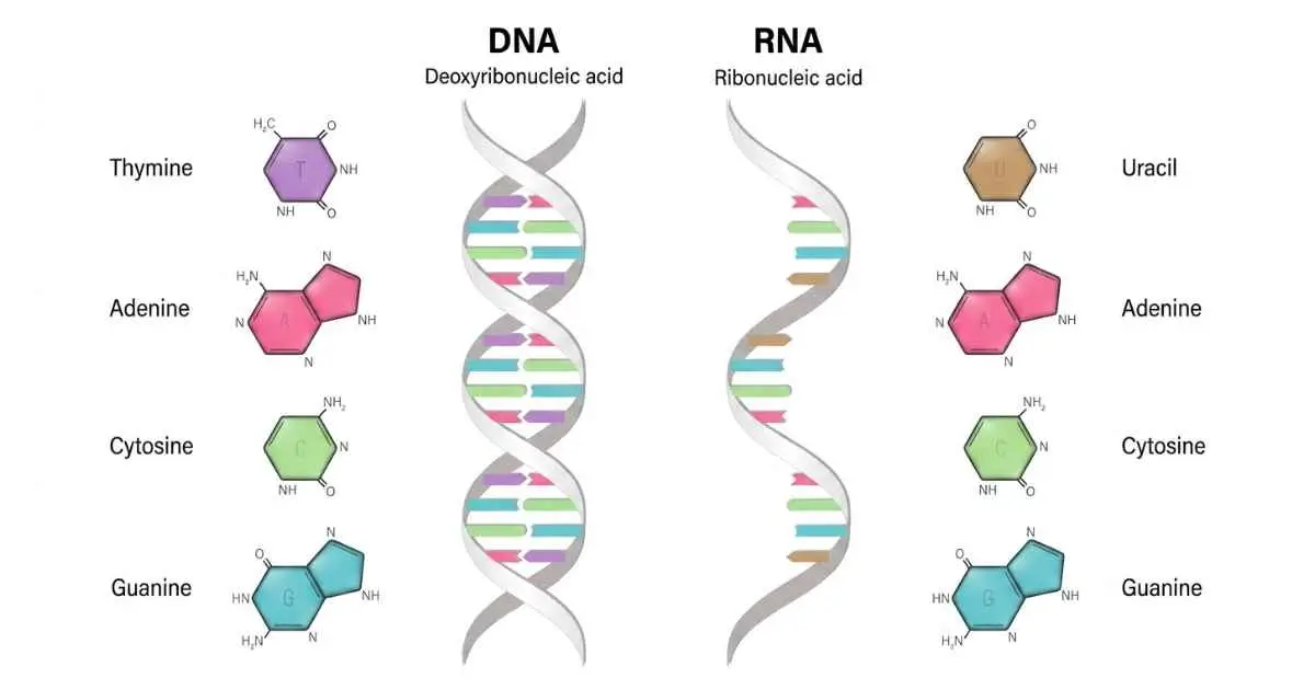 Difference between DNA and RNA diagram showing double helix structure versus single strand structure