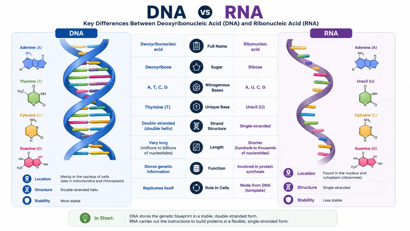 Difference between DNA and RNA diagram showing double helix structure versus single strand structure