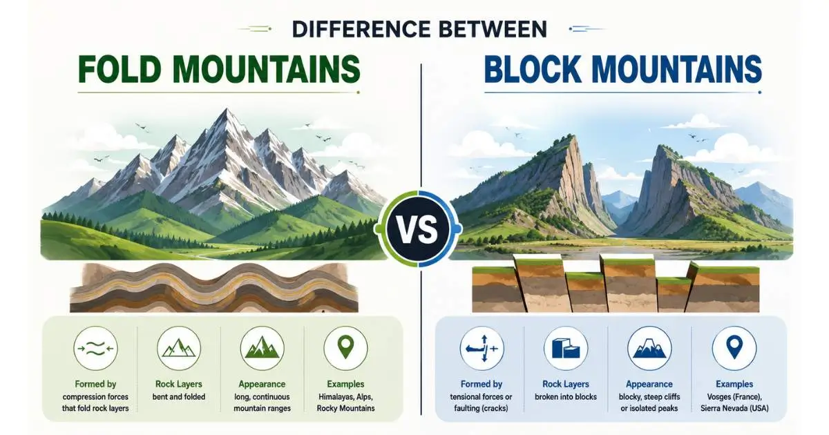 Difference between fold mountains and block mountains diagram showing compression folding versus fault block uplift