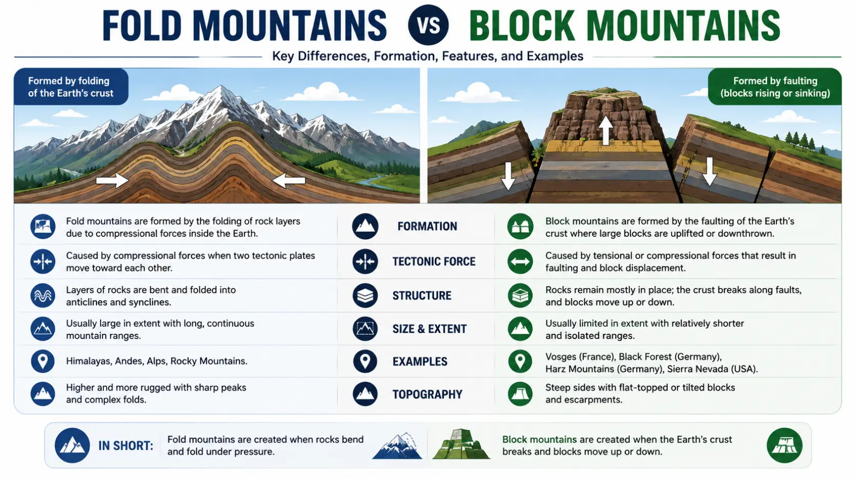 Difference between fold mountains and block mountains diagram showing compression folding versus fault block uplift