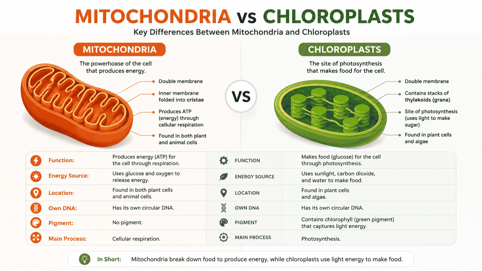 difference between mitochondria and chloroplasts
