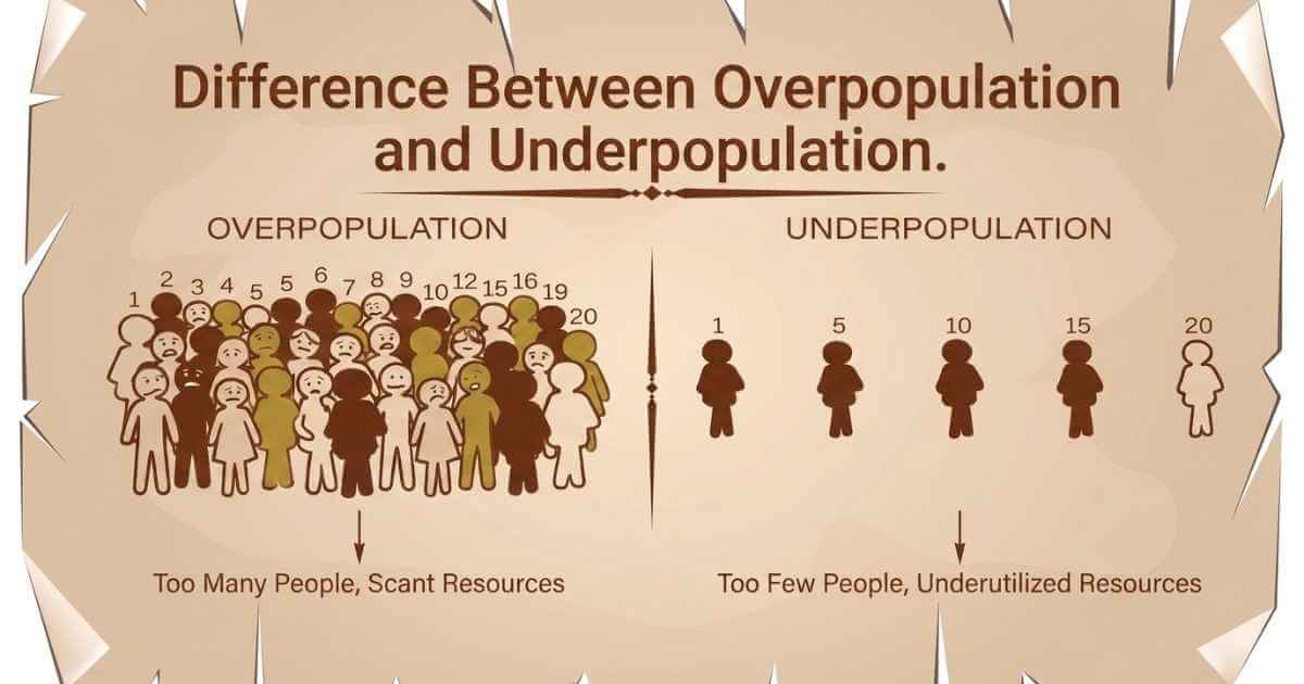 Difference between overpopulation and underpopulation diagram showing population pressure versus resource availability