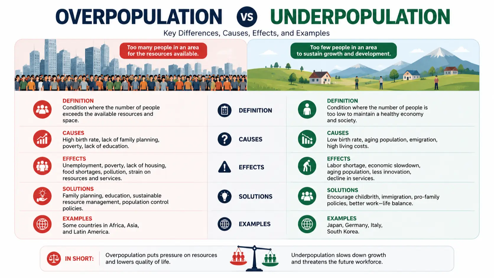Difference between overpopulation and underpopulation diagram showing population pressure versus resource availability