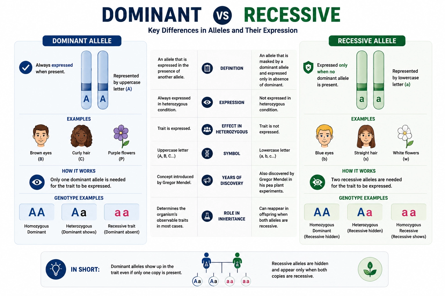 Difference between dominant and recessive alleles diagram showing how traits are inherited and expressed